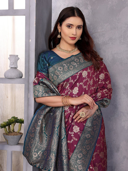 Elora Magenta Soft Silk Zari Zaal Weaving Banarasi With Contrast Blouse
