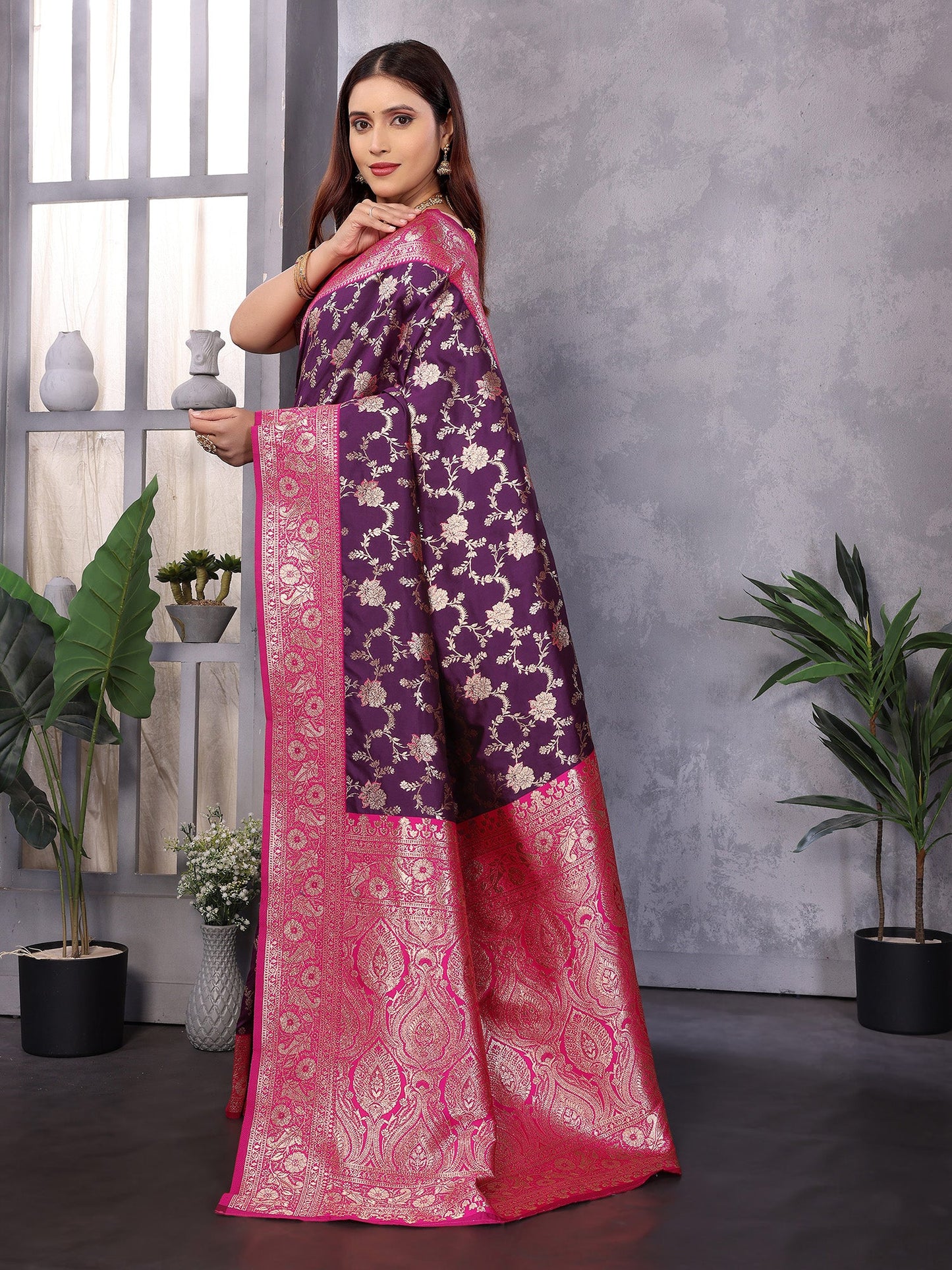 Elora Wine Soft Silk Zari Zaal Weaving Banarasi With Contrast Blouse