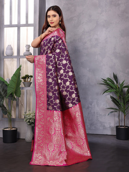 Elora Wine Soft Silk Zari Zaal Weaving Banarasi With Contrast Blouse
