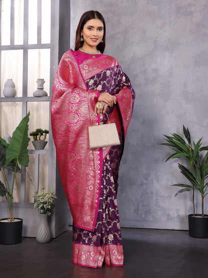 Elora Wine Soft Silk Zari Zaal Weaving Banarasi With Contrast Blouse