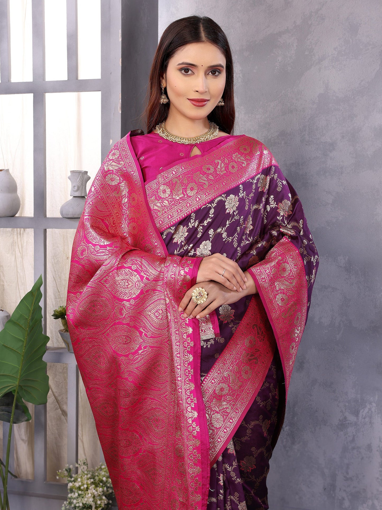 Elora Wine Soft Silk Zari Zaal Weaving Banarasi With Contrast Blouse