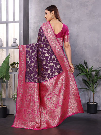 Elora Wine Soft Silk Zari Zaal Weaving Banarasi With Contrast Blouse