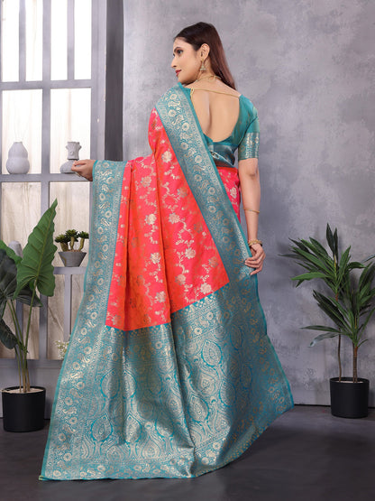 Elora Peach Soft Silk Zari Zaal Weaving Banarasi With Contrast Blouse