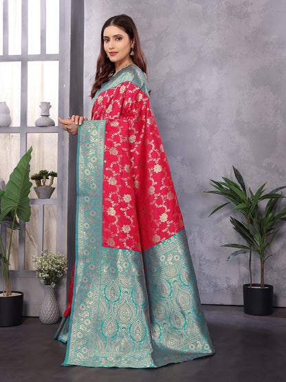 Elora Red Soft Silk Zari Zaal Weaving Banarasi With Contrast Blouse