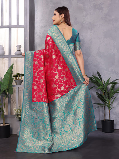 Elora Red Soft Silk Zari Zaal Weaving Banarasi With Contrast Blouse