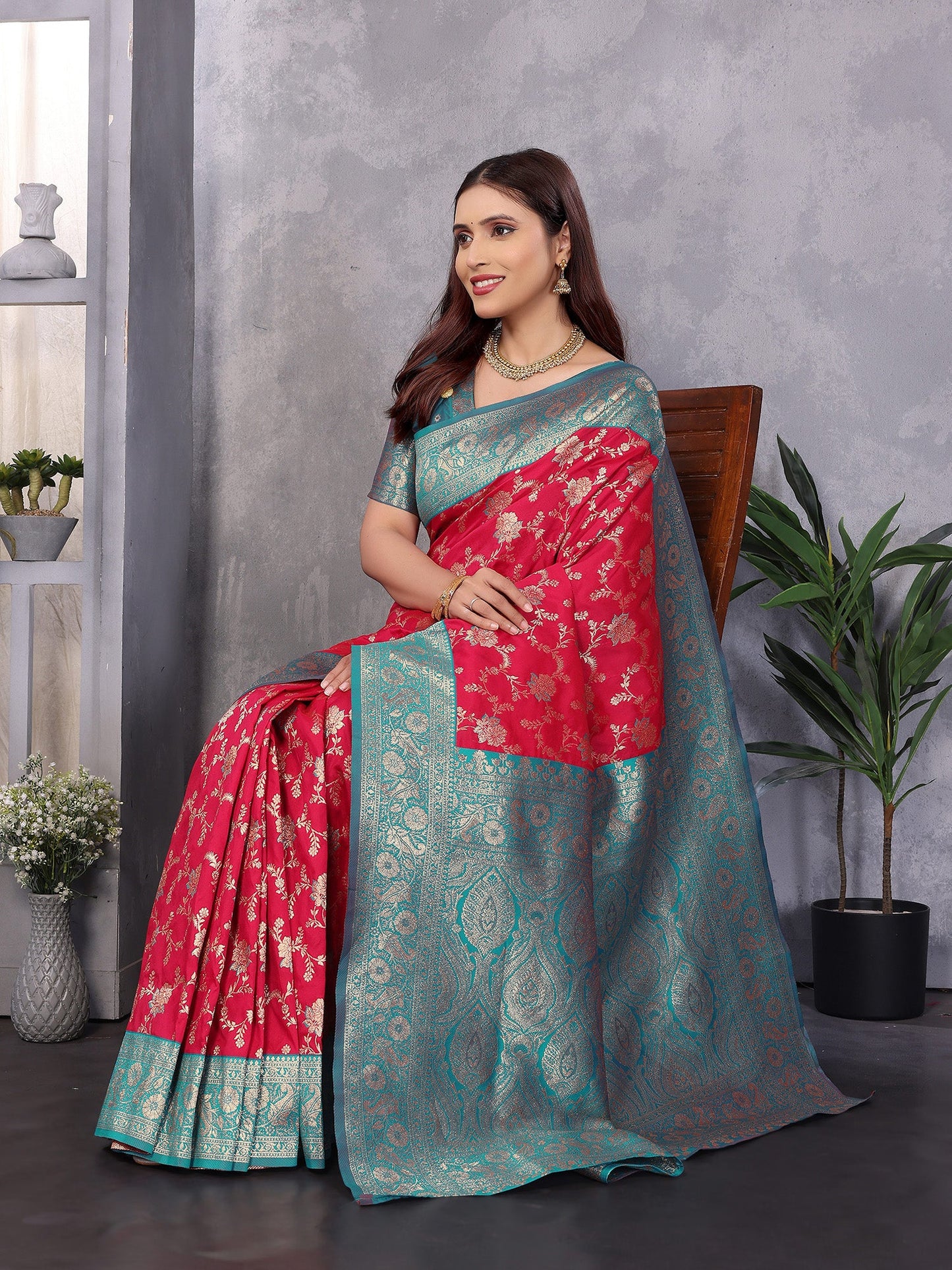 Elora Red Soft Silk Zari Zaal Weaving Banarasi With Contrast Blouse