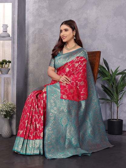 Elora Red Soft Silk Zari Zaal Weaving Banarasi With Contrast Blouse