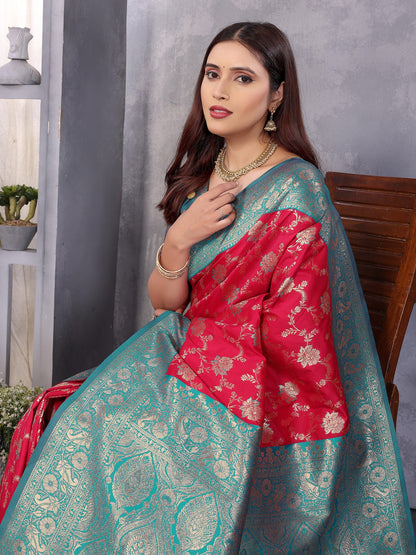 Elora Red Soft Silk Zari Zaal Weaving Banarasi With Contrast Blouse