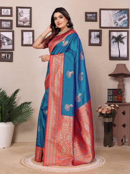 Elora Royal Blue Soft Silk Zari Butta Weaving Work Banarasi Saree With Contrast Pallu And Blouse