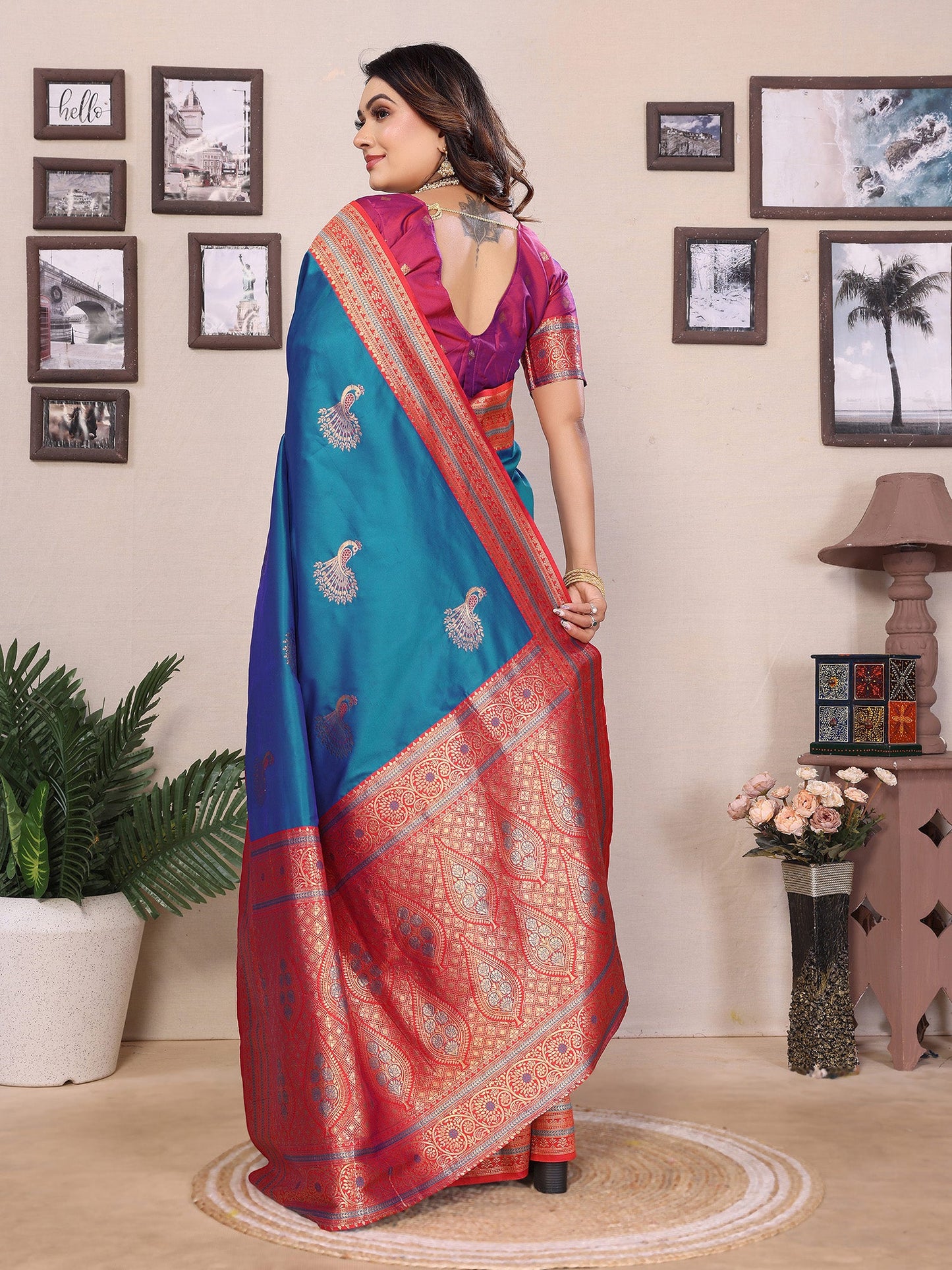 Elora Royal Blue Soft Silk Zari Butta Weaving Work Banarasi Saree With Contrast Pallu And Blouse