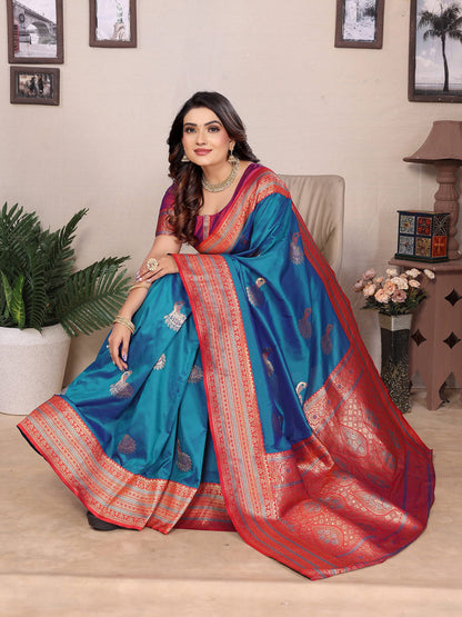 Elora Royal Blue Soft Silk Zari Butta Weaving Work Banarasi Saree With Contrast Pallu And Blouse