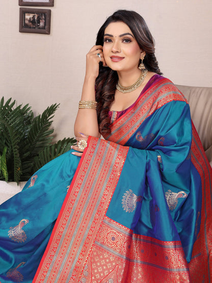 Elora Royal Blue Soft Silk Zari Butta Weaving Work Banarasi Saree With Contrast Pallu And Blouse
