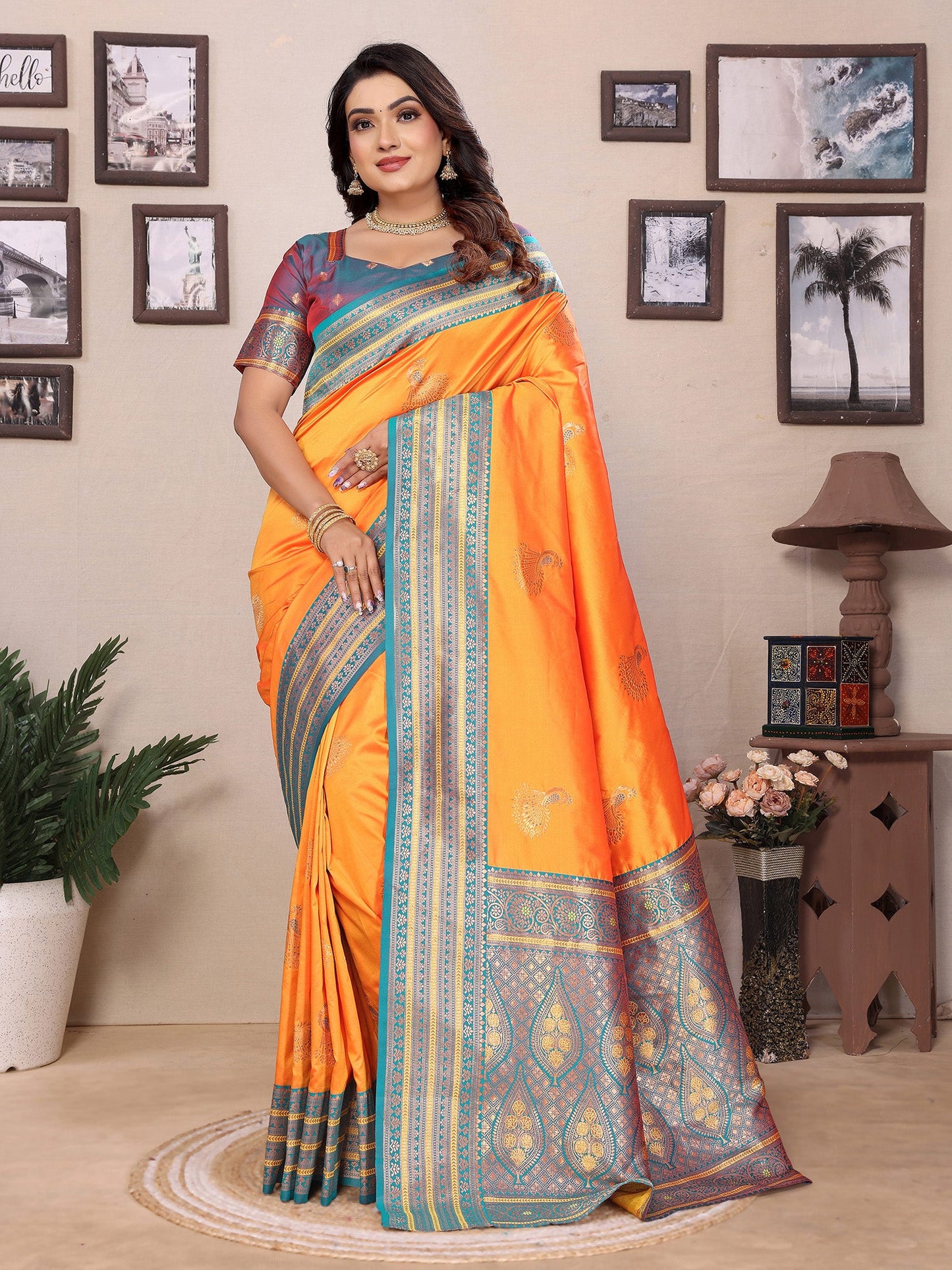 Elora Orange Soft Silk Zari Butta Weaving Work Banarasi Saree With Contrast Pallu And Blouse