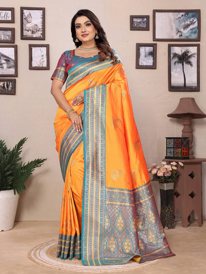 Elora Orange Soft Silk Zari Butta Weaving Work Banarasi Saree With Contrast Pallu And Blouse