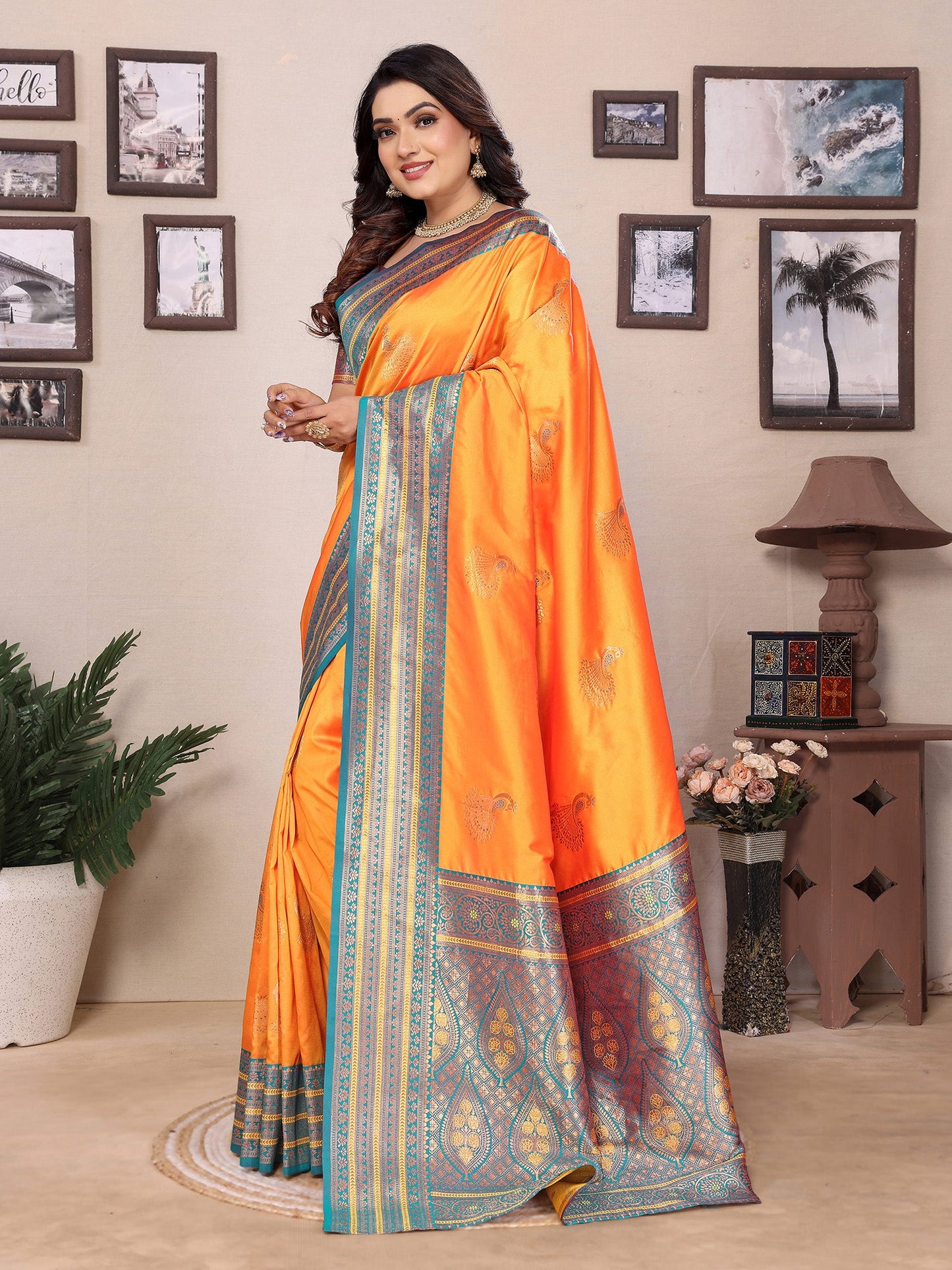 Elora Orange Soft Silk Zari Butta Weaving Work Banarasi Saree With Contrast Pallu And Blouse