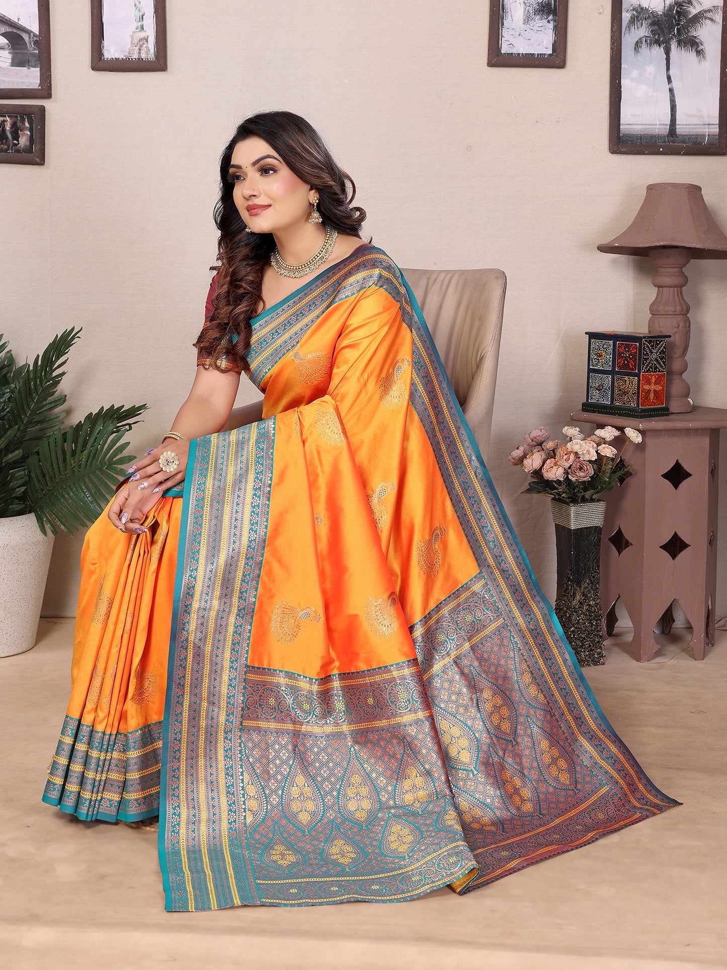 Elora Orange Soft Silk Zari Butta Weaving Work Banarasi Saree With Contrast Pallu And Blouse