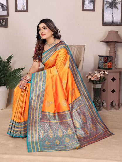 Elora Orange Soft Silk Zari Butta Weaving Work Banarasi Saree With Contrast Pallu And Blouse