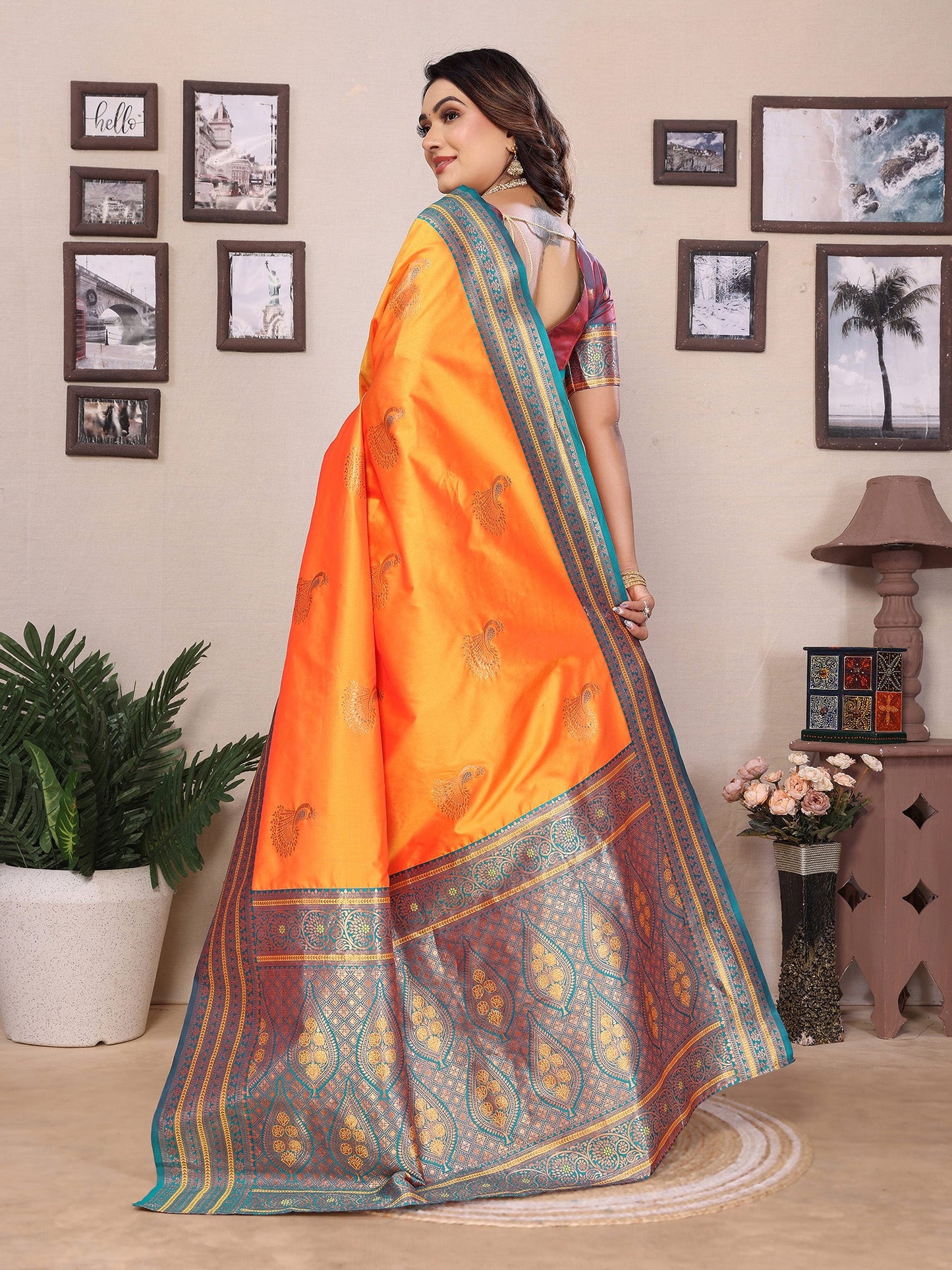 Elora Orange Soft Silk Zari Butta Weaving Work Banarasi Saree With Contrast Pallu And Blouse