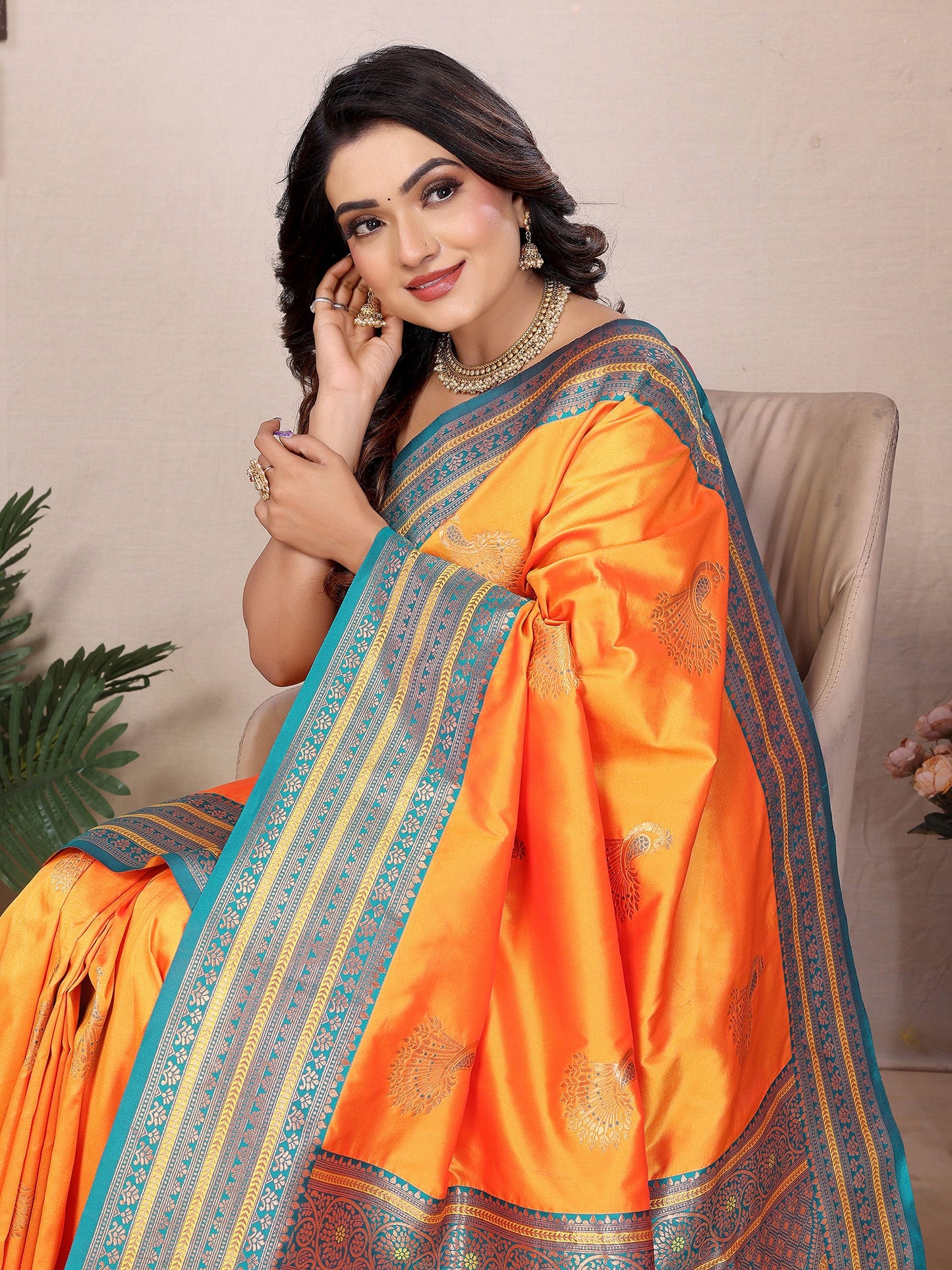 Elora Orange Soft Silk Zari Butta Weaving Work Banarasi Saree With Contrast Pallu And Blouse