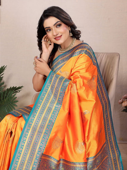 Elora Orange Soft Silk Zari Butta Weaving Work Banarasi Saree With Contrast Pallu And Blouse
