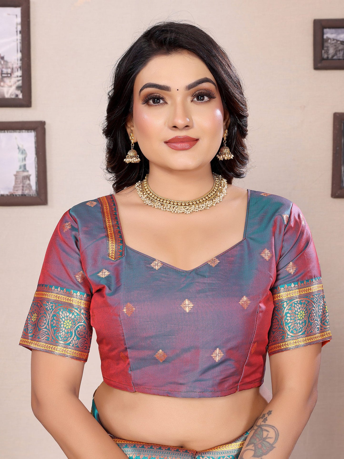 Elora Orange Soft Silk Zari Butta Weaving Work Banarasi Saree With Contrast Pallu And Blouse