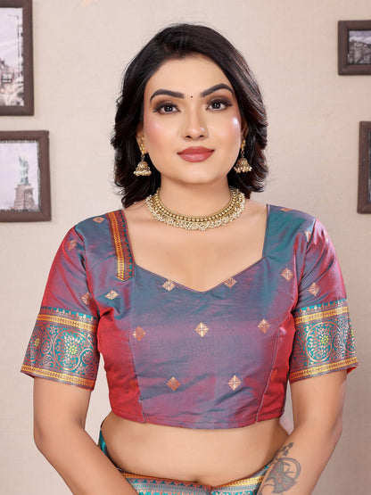Elora Orange Soft Silk Zari Butta Weaving Work Banarasi Saree With Contrast Pallu And Blouse