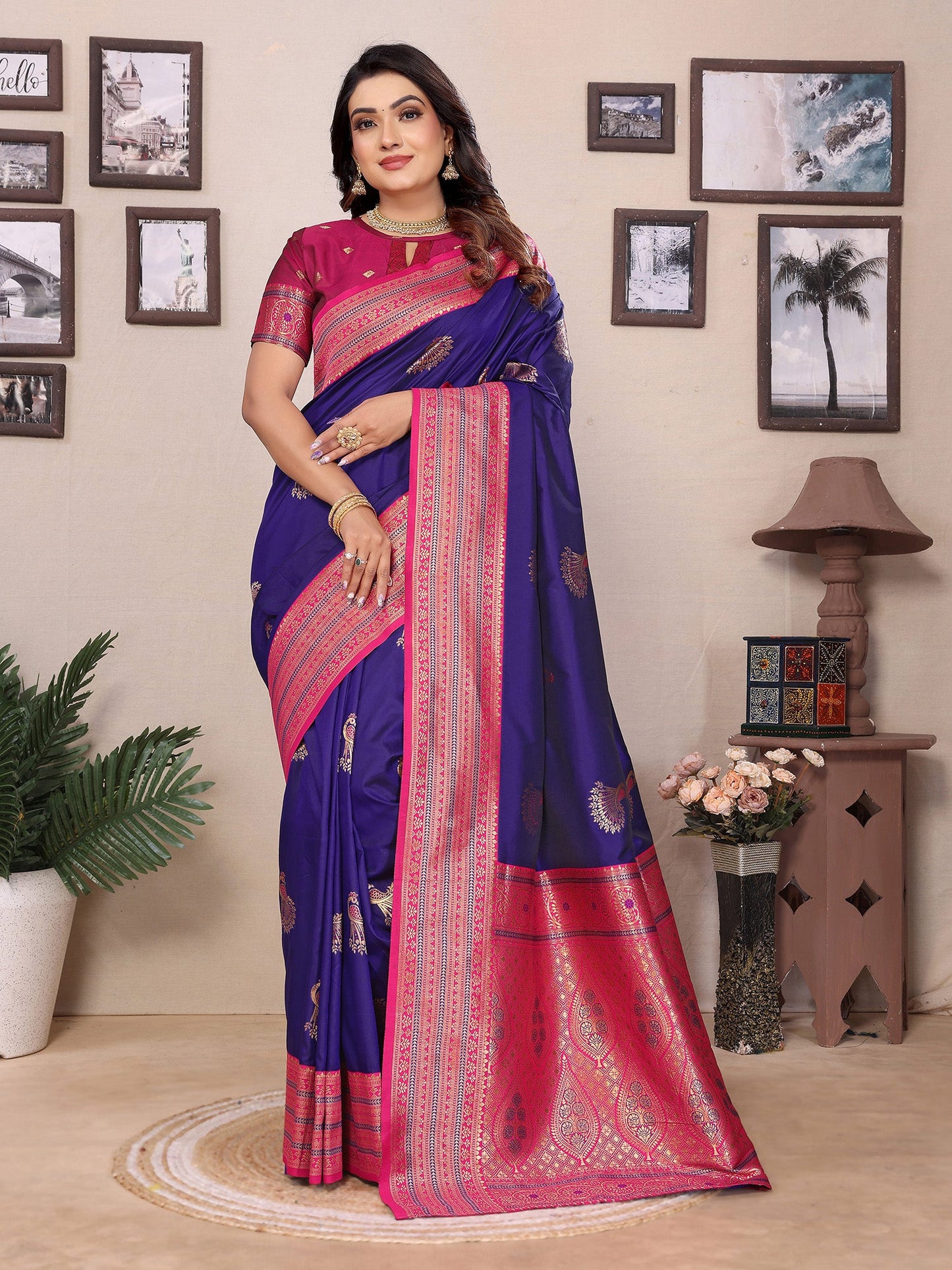 Elora Purple Soft Silk Zari Butta Weaving Work Banarasi Saree With Contrast Pallu And Blouse
