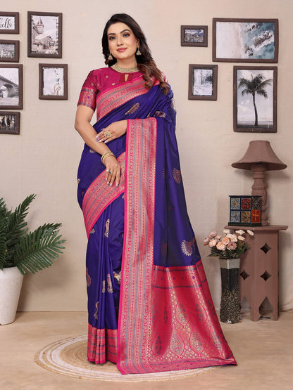 Elora Purple Soft Silk Zari Butta Weaving Work Banarasi Saree With Contrast Pallu And Blouse