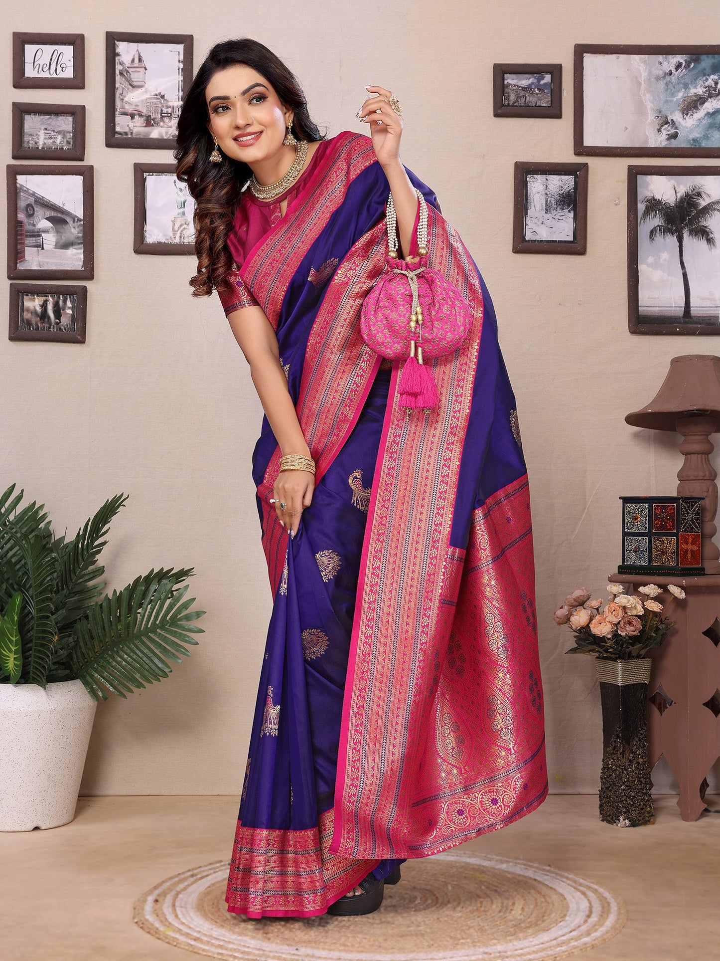 Elora Purple Soft Silk Zari Butta Weaving Work Banarasi Saree With Contrast Pallu And Blouse