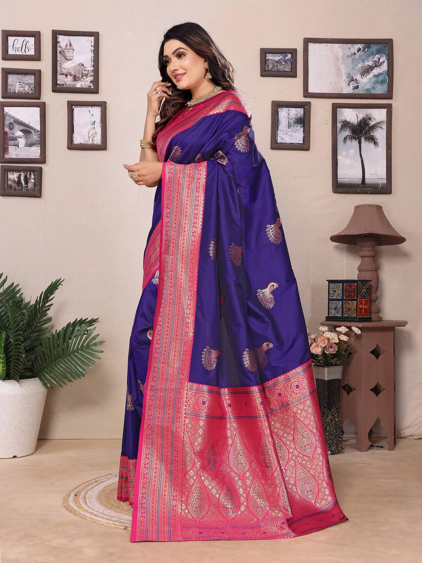 Elora Purple Soft Silk Zari Butta Weaving Work Banarasi Saree With Contrast Pallu And Blouse