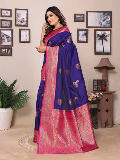Elora Purple Soft Silk Zari Butta Weaving Work Banarasi Saree With Contrast Pallu And Blouse