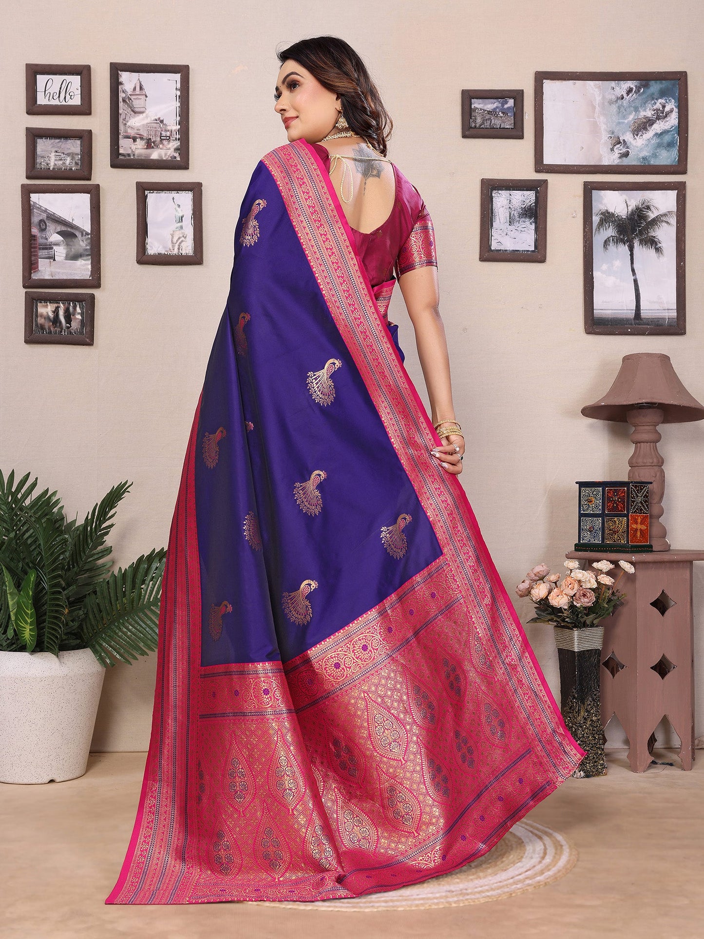 Elora Purple Soft Silk Zari Butta Weaving Work Banarasi Saree With Contrast Pallu And Blouse