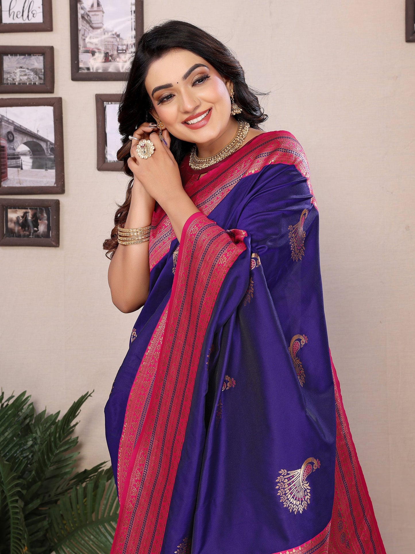 Elora Purple Soft Silk Zari Butta Weaving Work Banarasi Saree With Contrast Pallu And Blouse