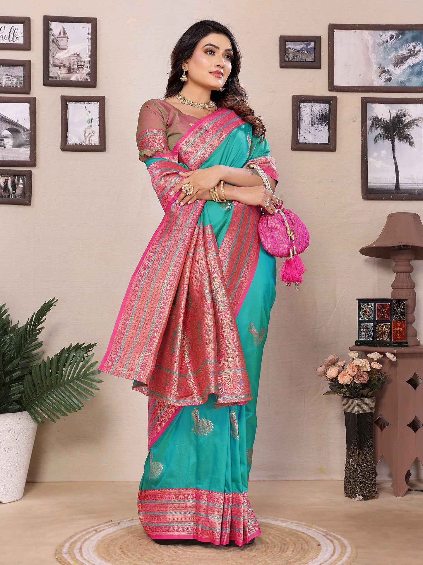 Elora Turquoise Soft Silk Zari Butta Weaving Work Banarasi Saree With Contrast Pallu And Blouse