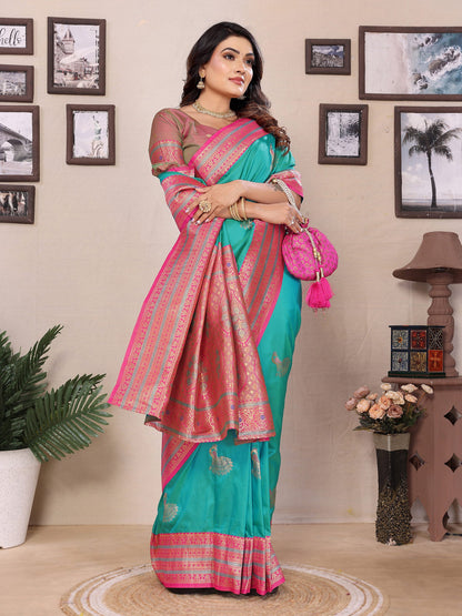 Elora Turquoise Soft Silk Zari Butta Weaving Work Banarasi Saree With Contrast Pallu And Blouse