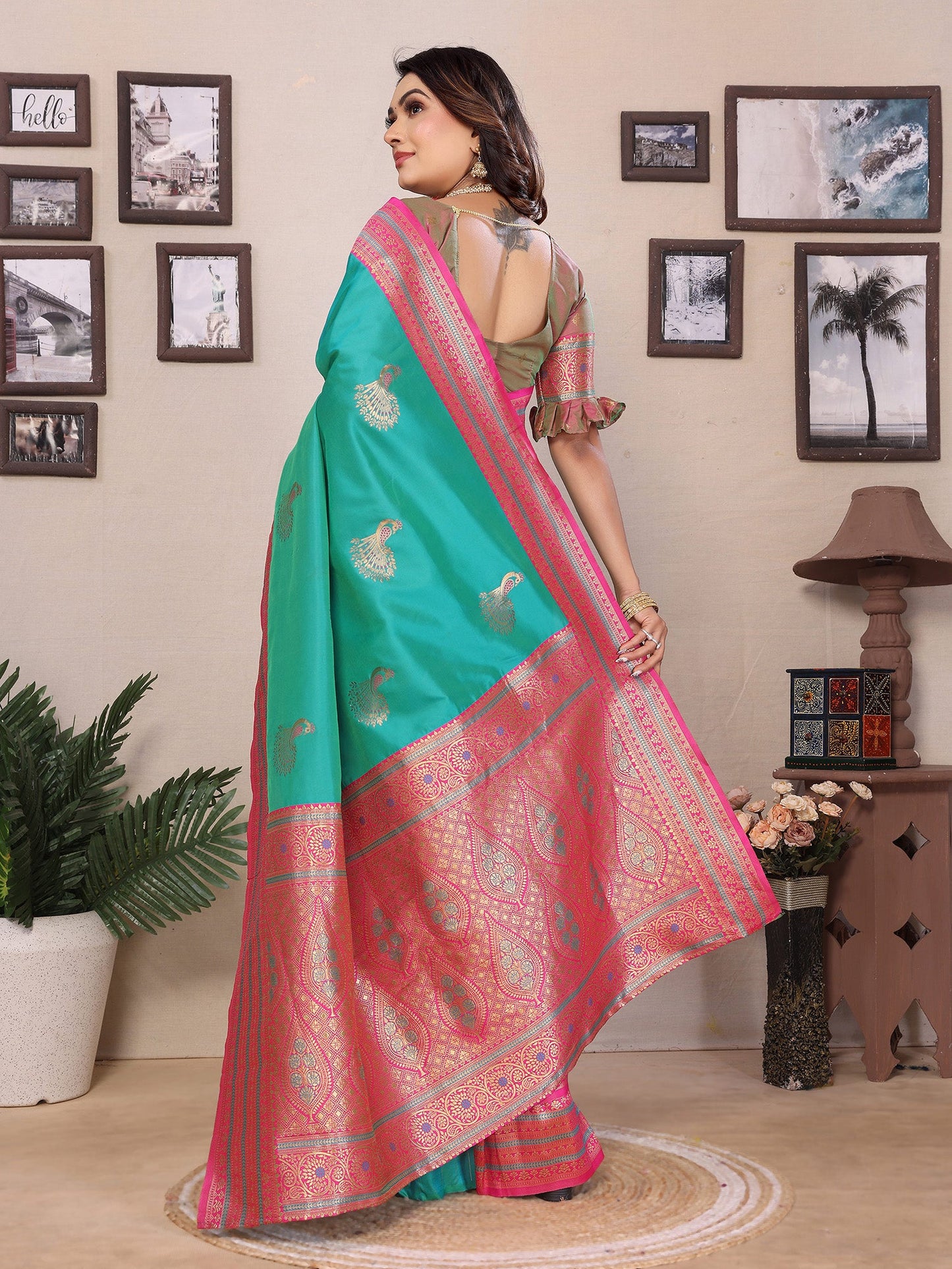 Elora Turquoise Soft Silk Zari Butta Weaving Work Banarasi Saree With Contrast Pallu And Blouse