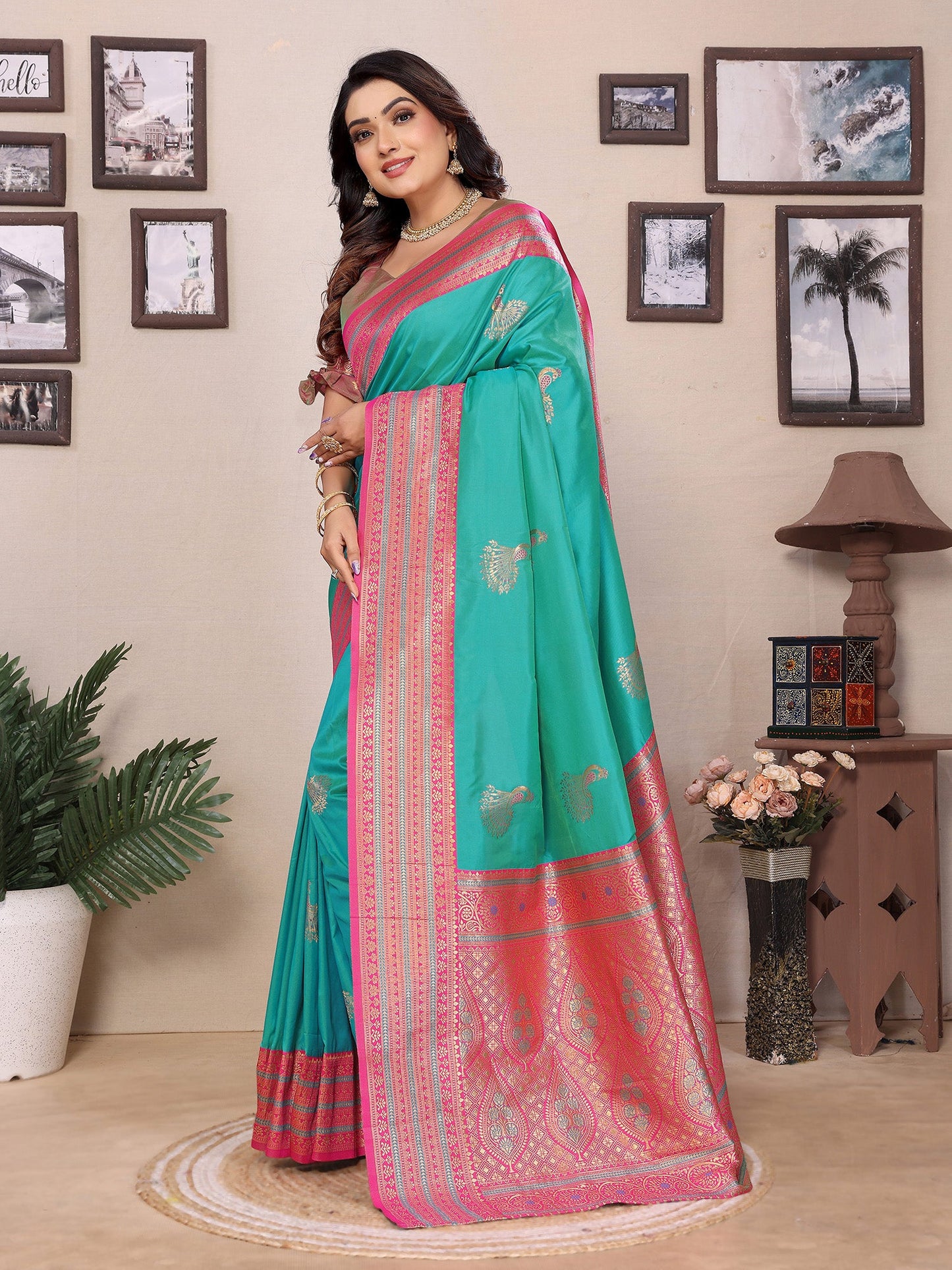 Elora Turquoise Soft Silk Zari Butta Weaving Work Banarasi Saree With Contrast Pallu And Blouse