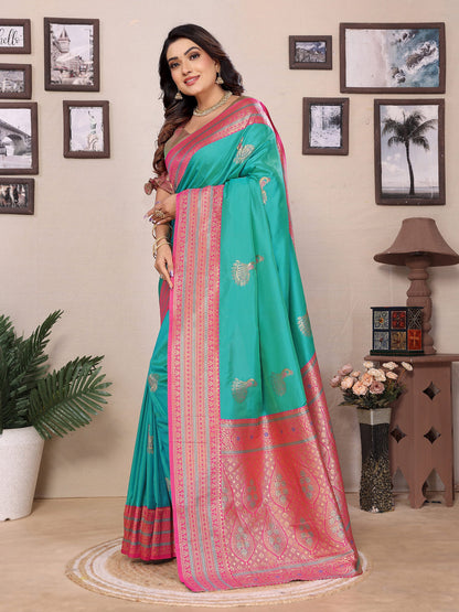 Elora Turquoise Soft Silk Zari Butta Weaving Work Banarasi Saree With Contrast Pallu And Blouse