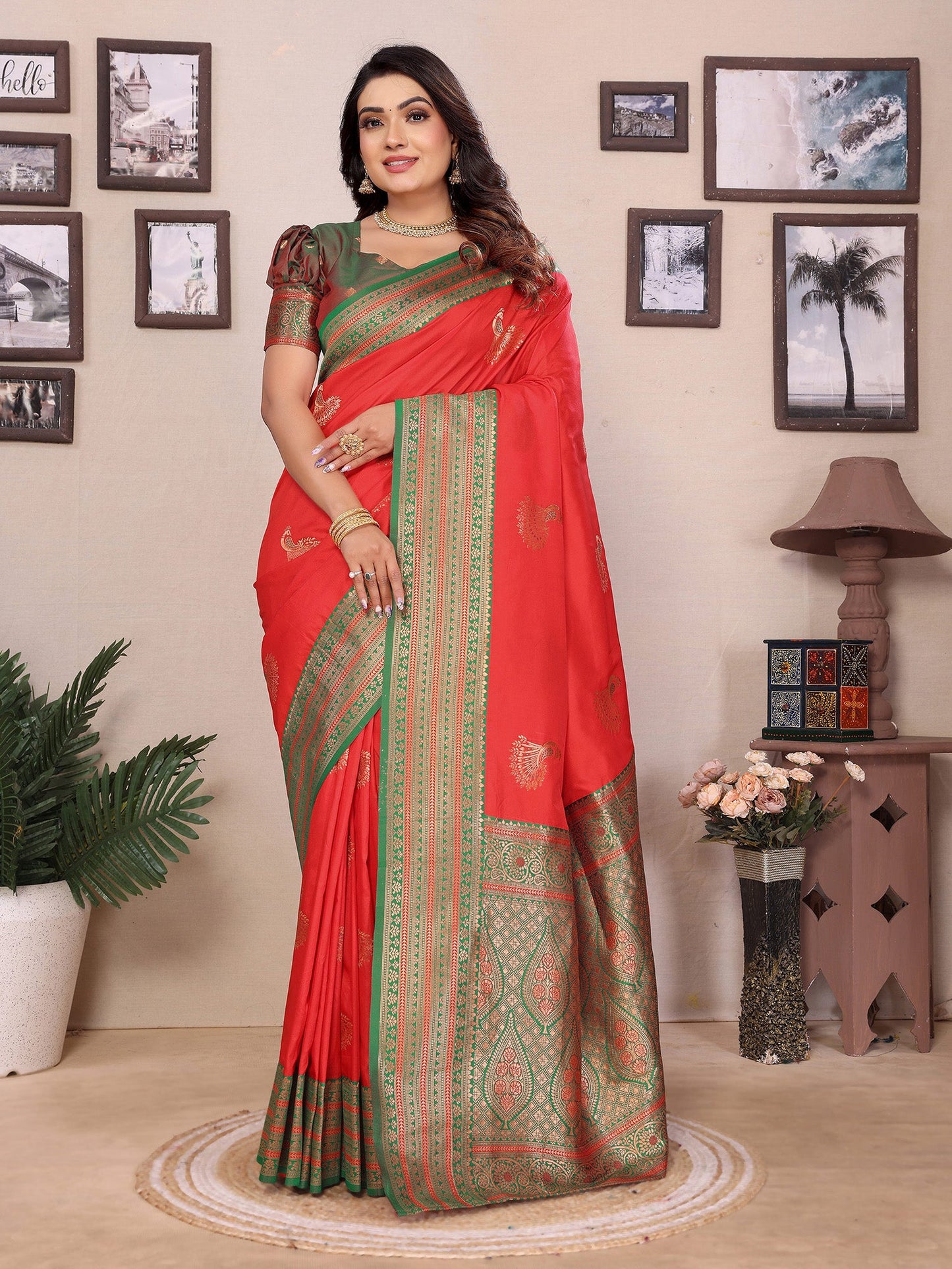 Elora Red Soft Silk Zari Butta Weaving Work Banarasi Saree With Contrast Pallu And Blouse