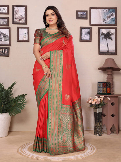 Elora Red Soft Silk Zari Butta Weaving Work Banarasi Saree With Contrast Pallu And Blouse