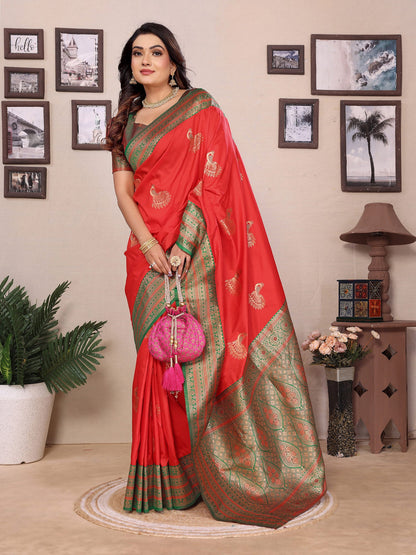 Elora Red Soft Silk Zari Butta Weaving Work Banarasi Saree With Contrast Pallu And Blouse