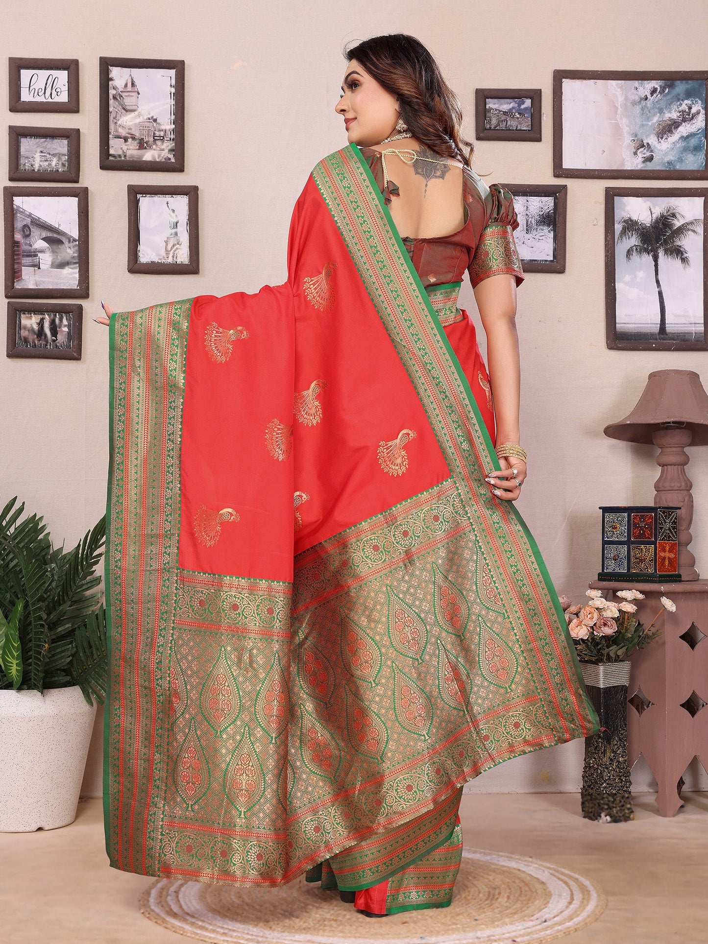 Elora Red Soft Silk Zari Butta Weaving Work Banarasi Saree With Contrast Pallu And Blouse