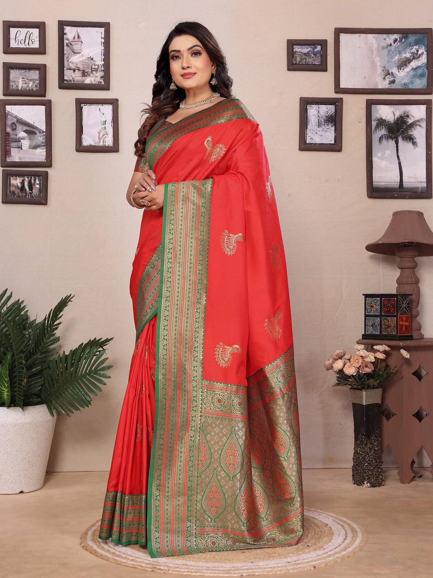 Elora Red Soft Silk Zari Butta Weaving Work Banarasi Saree With Contrast Pallu And Blouse