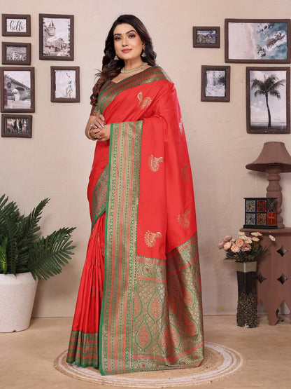 Elora Red Soft Silk Zari Butta Weaving Work Banarasi Saree With Contrast Pallu And Blouse