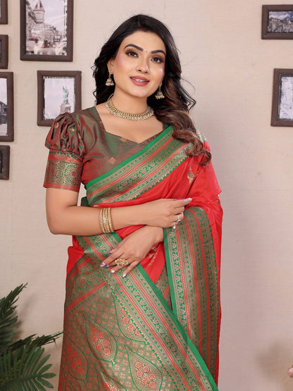 Elora Red Soft Silk Zari Butta Weaving Work Banarasi Saree With Contrast Pallu And Blouse