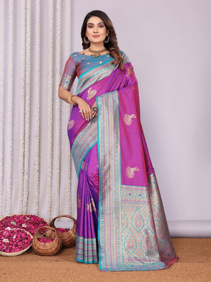 Elora Pink Soft Silk Zari Butta Weaving Work Banarasi Saree With Contrast Pallu And Blouse