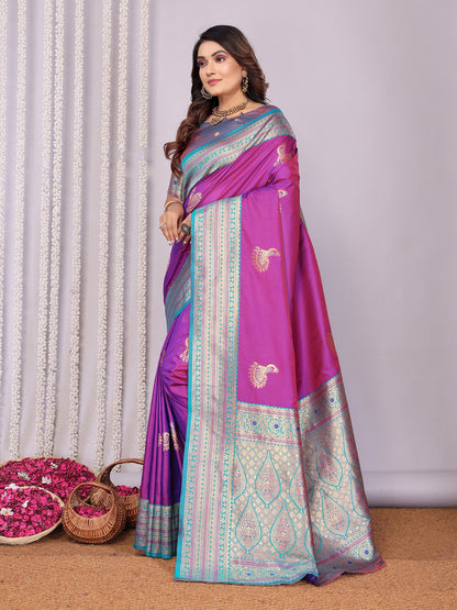 Elora Pink Soft Silk Zari Butta Weaving Work Banarasi Saree With Contrast Pallu And Blouse