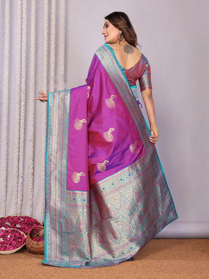 Elora Pink Soft Silk Zari Butta Weaving Work Banarasi Saree With Contrast Pallu And Blouse