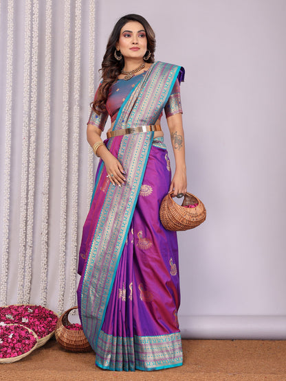 Elora Pink Soft Silk Zari Butta Weaving Work Banarasi Saree With Contrast Pallu And Blouse