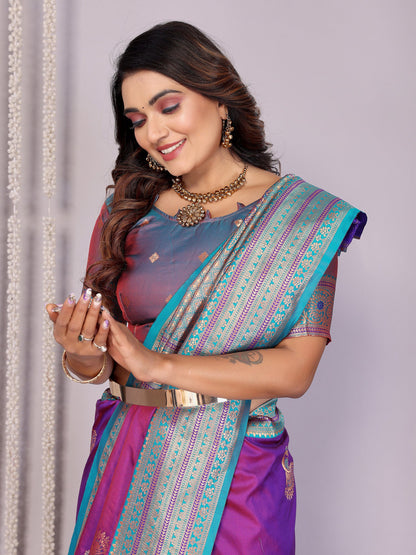 Elora Pink Soft Silk Zari Butta Weaving Work Banarasi Saree With Contrast Pallu And Blouse